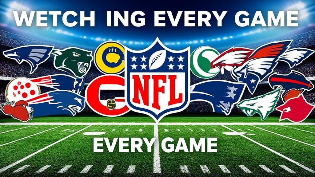 A dynamic collage of NFL team logos and a football field, symbolizing the excitement and accessibility of watching every game.