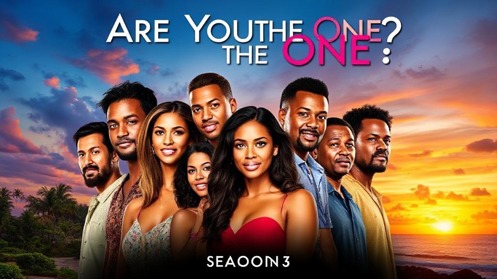 A vibrant collage featuring the diverse cast of "Are You the One? Season 3" set against a backdrop of tropical scenery and dramatic sunsets.