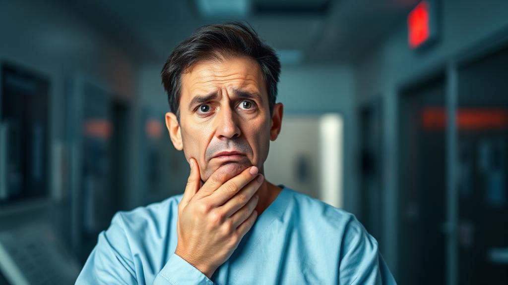 A concerned patient in a hospital gown holding their jaw, with a blurred background of an emergency room setting.