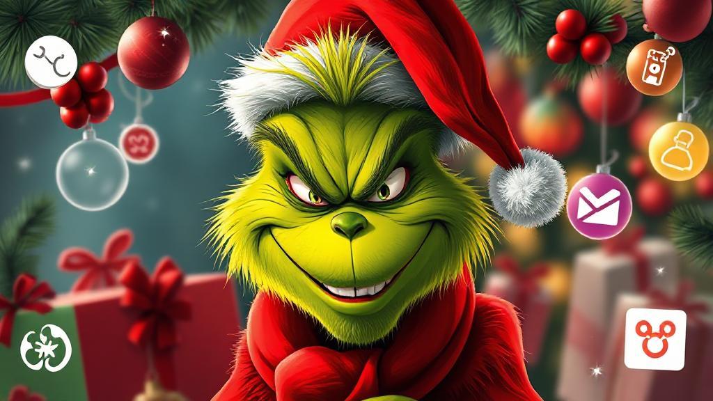 A festive header image featuring the Grinch with a mischievous grin, surrounded by holiday decorations and streaming icons.