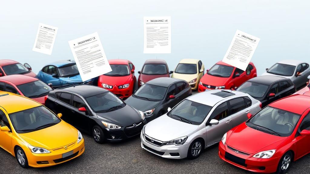A diverse group of cars parked in a row, each with a floating insurance policy document above it, symbolizing the process of obtaining car insurance.