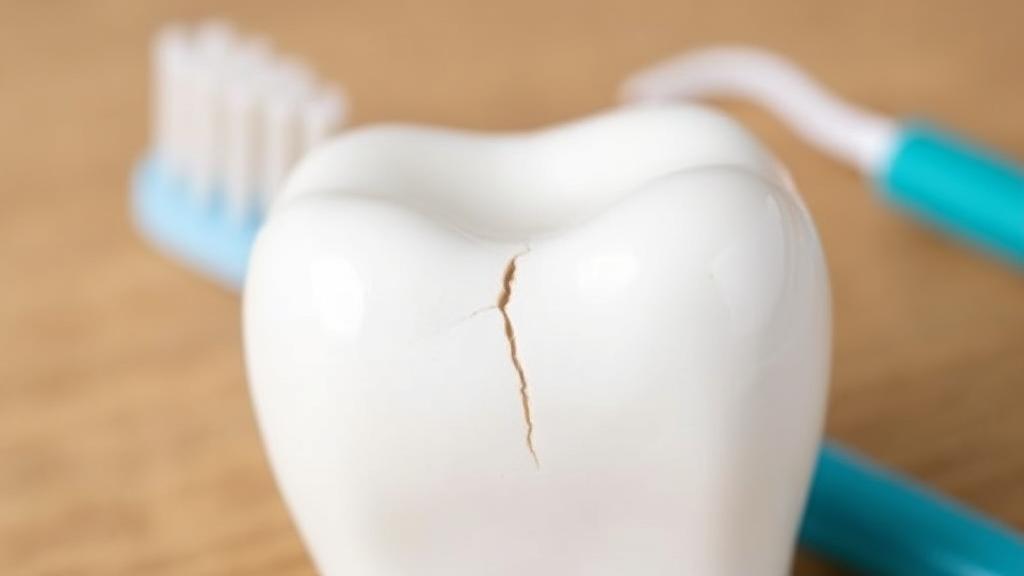 A close-up image of a cracked tooth with a toothbrush and dental floss in the background, symbolizing prevention and care.