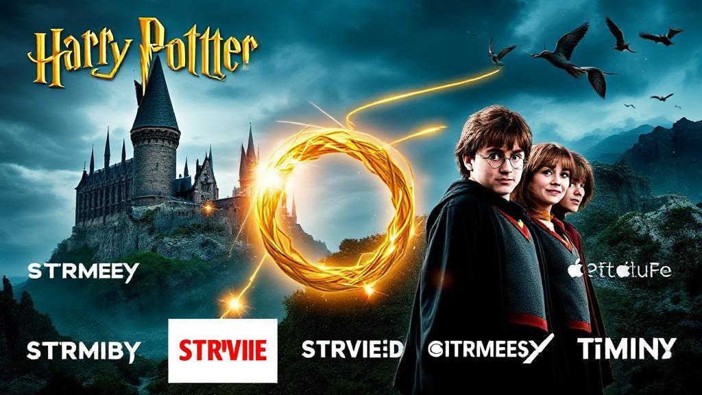 A magical collage of iconic scenes from the Harry Potter films, featuring Hogwarts, the Golden Snitch, and the trio of Harry, Hermione, and Ron, set against a backdrop of streaming service logos.