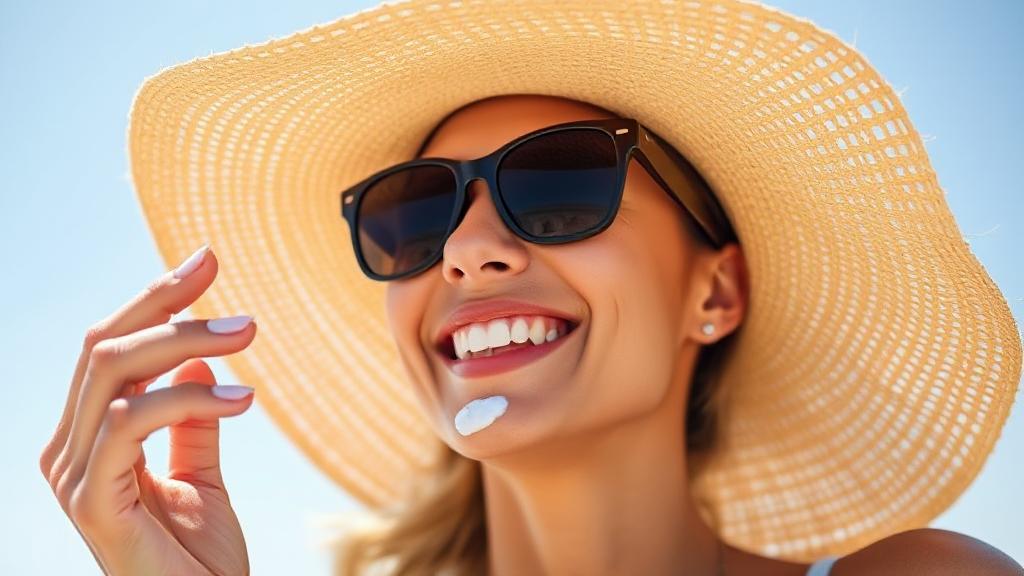 A smiling person applies sunscreen to their face while wearing a wide-brimmed hat and sunglasses under a bright, sunny sky.