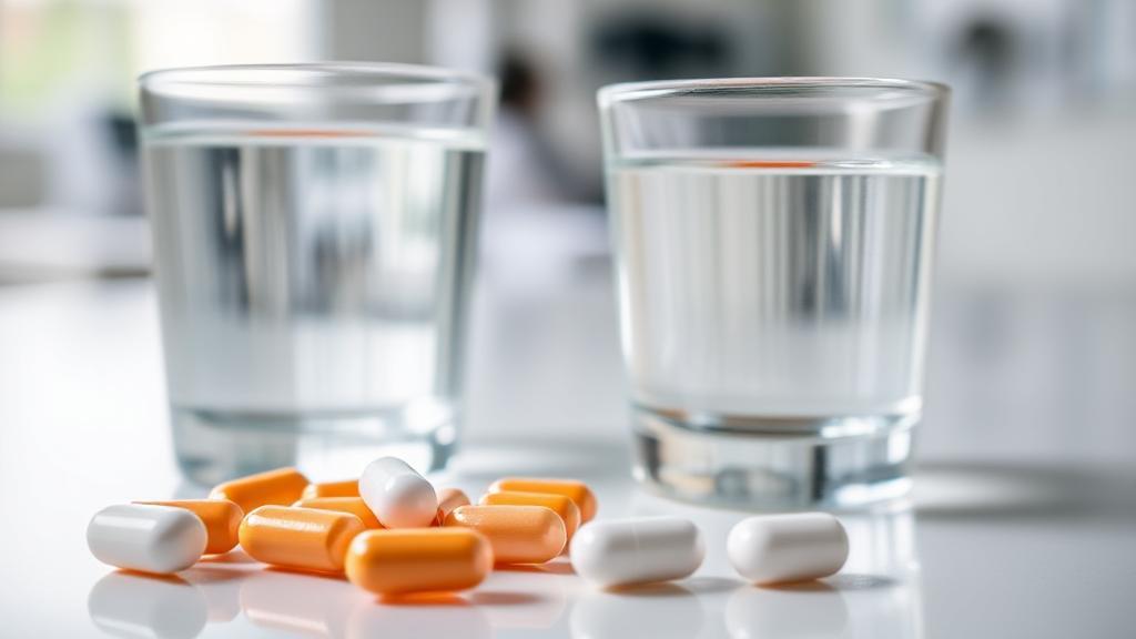 A close-up image of amoxicillin capsules beside a glass of water, set against a soft-focus background of a doctor's office.