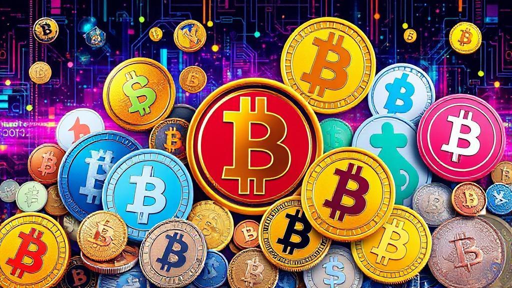A vibrant digital collage featuring various cryptocurrency symbols and coins against a futuristic, tech-inspired background.