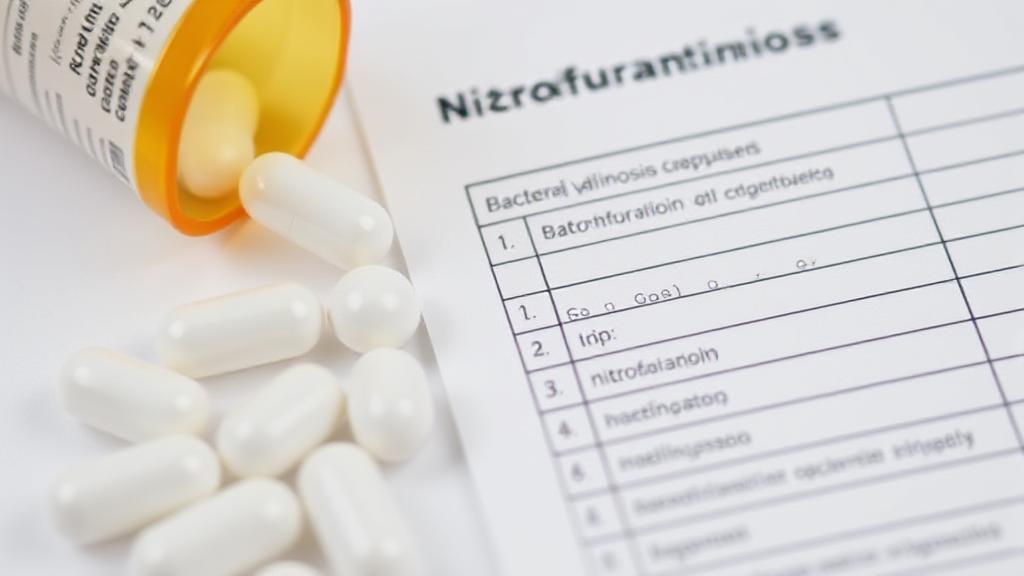 A close-up image of Nitrofurantoin capsules alongside a medical chart discussing bacterial vaginosis.
