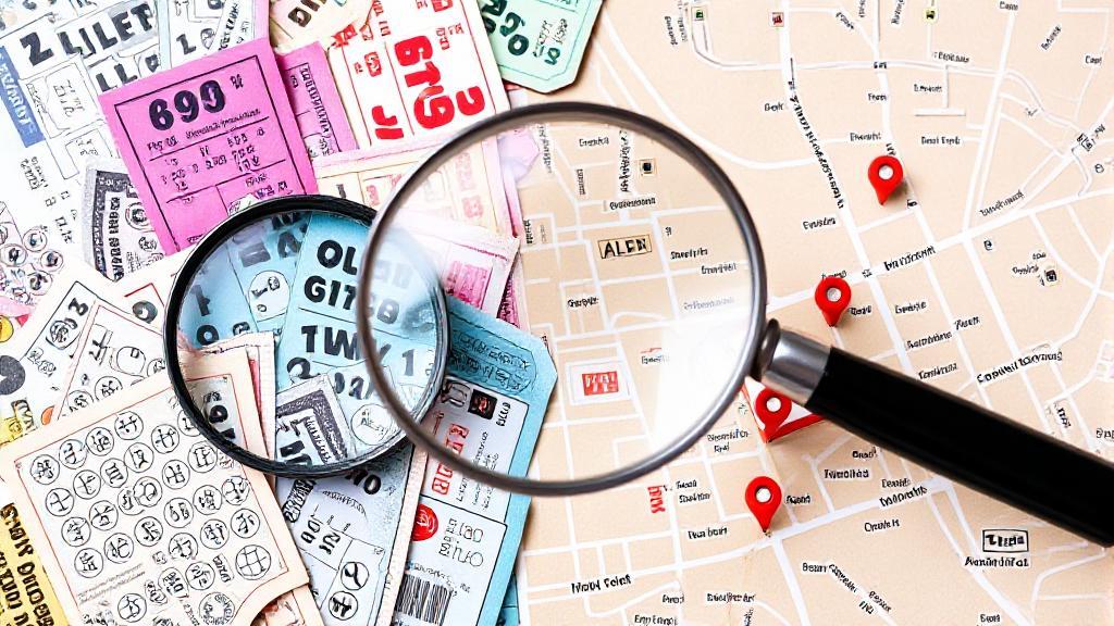 A vibrant collage of lottery tickets, a magnifying glass, and a map pinpointing local convenience stores.