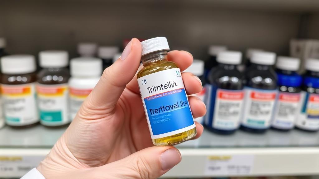A close-up image of a pharmacist's hand holding a bottle of Trintellix, with a blurred background of various generic medication bottles on a pharmacy shelf.