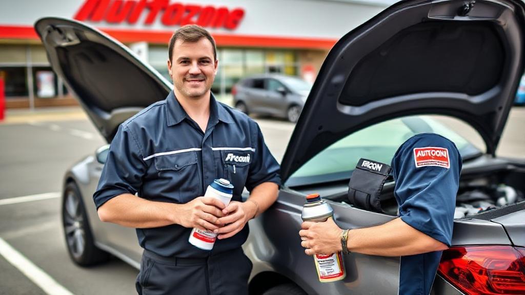A mechanic in an AutoZone uniform holding a Freon canister next to a car with its hood open in a store parking lot.