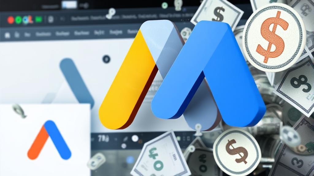 A dynamic collage of Google Ads interface elements and currency symbols, illustrating the financial aspects of digital advertising.
