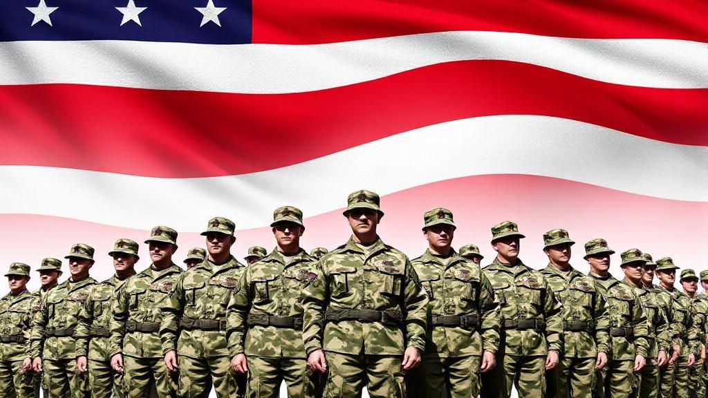 A dynamic image of soldiers in uniform, standing in formation with a backdrop of the national flag, symbolizing duty and patriotism.