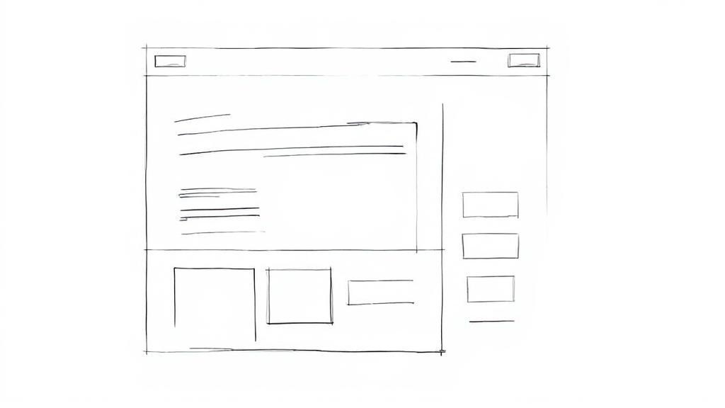 A minimalist wireframe sketch of a website layout, showcasing the basic structure and elements of a design.