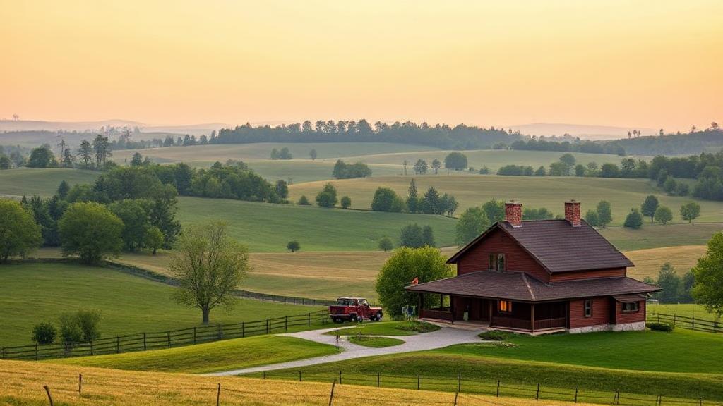 A serene rural landscape with a cozy farmhouse, symbolizing the security and peace of mind provided by a homestead exemption.