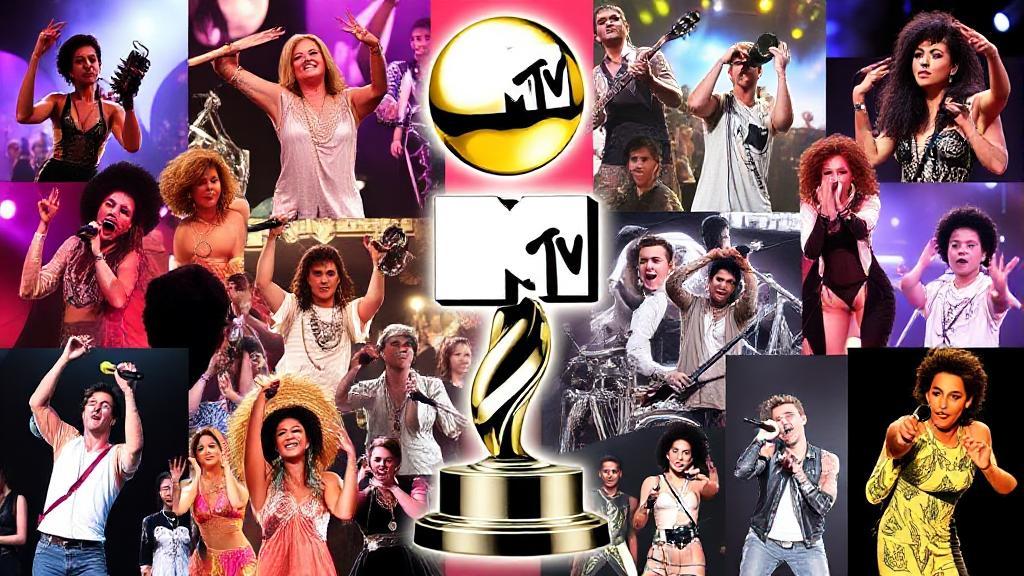 A vibrant collage of past MTV VMA moments featuring iconic performances and the iconic Moon Person trophy.