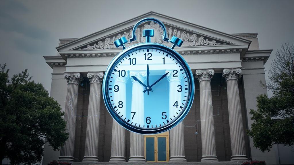 A digital illustration of a clock overlaying a bank building, symbolizing the concept of time in bank transfer processing.