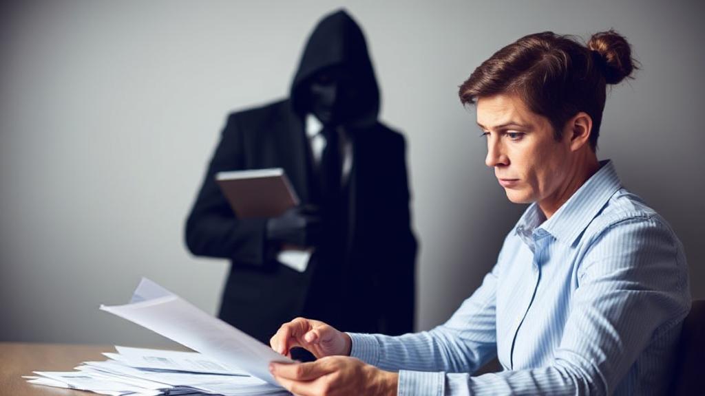 A concerned individual reviewing financial documents, with a shadowy figure representing a collection agency looming in the background.