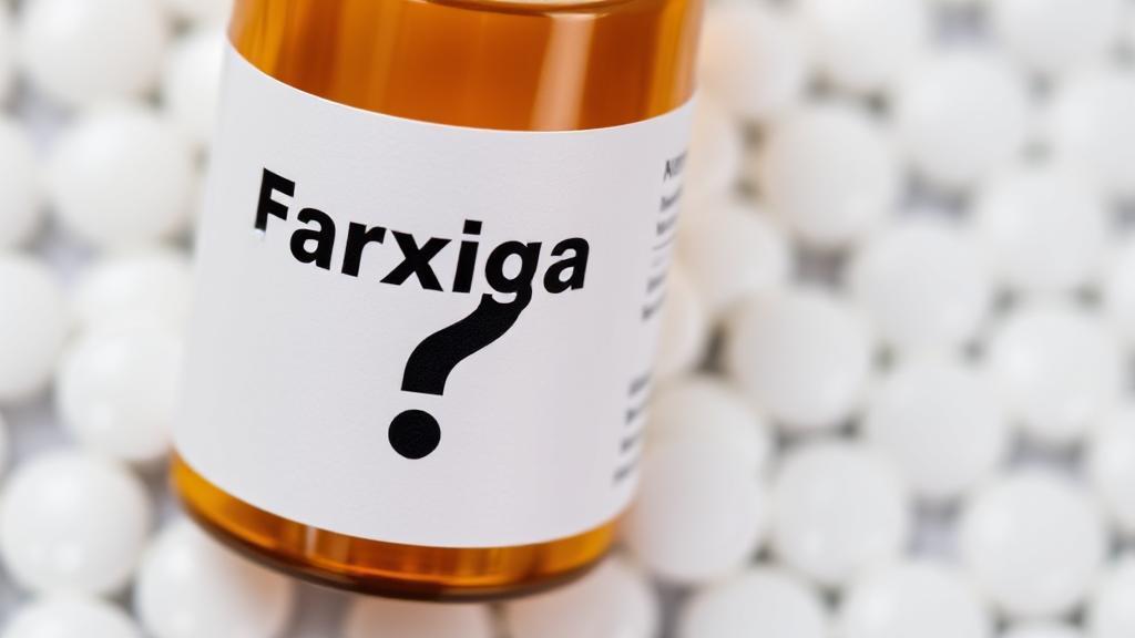 A close-up image of a pill bottle labeled "Farxiga" alongside a question mark symbol, set against a backdrop of generic white pills.