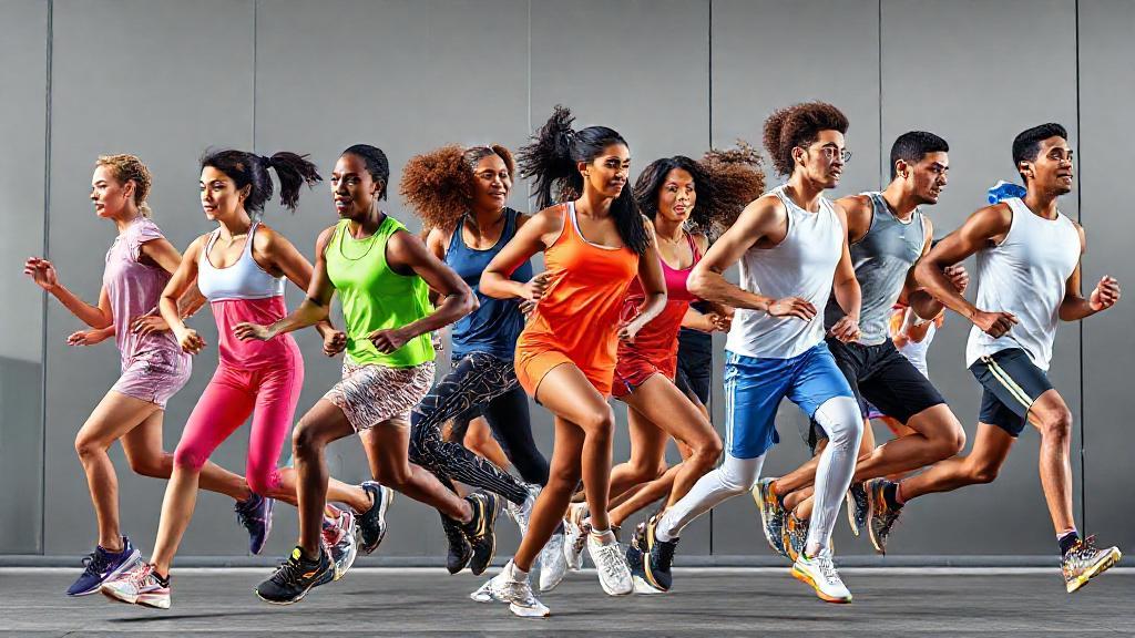 A dynamic collage of diverse athletes in motion, showcasing vibrant and stylish athletic wear from leading global brands against a sleek, modern backdrop.