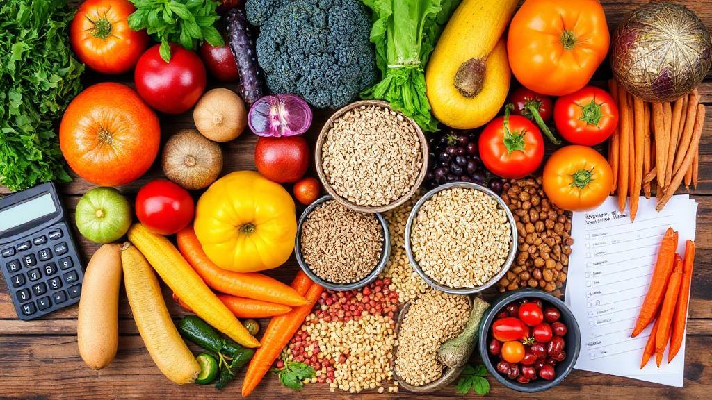 A colorful assortment of fresh fruits, vegetables, whole grains, and legumes arranged on a rustic wooden table alongside a calculator and a grocery list.