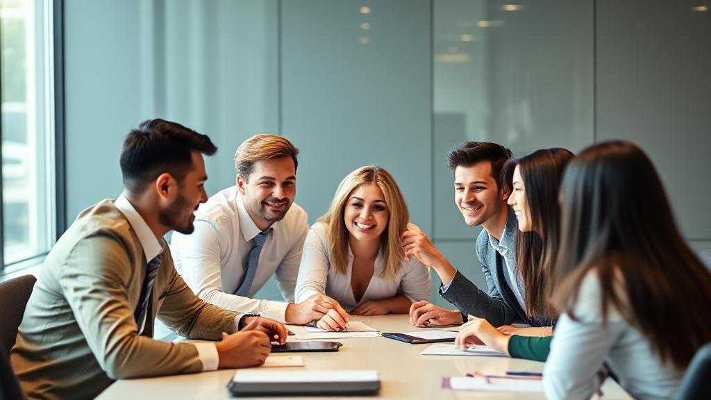 A diverse group of professionals engaged in a dynamic business meeting, symbolizing the career advancement and opportunities offered by an MBA degree.