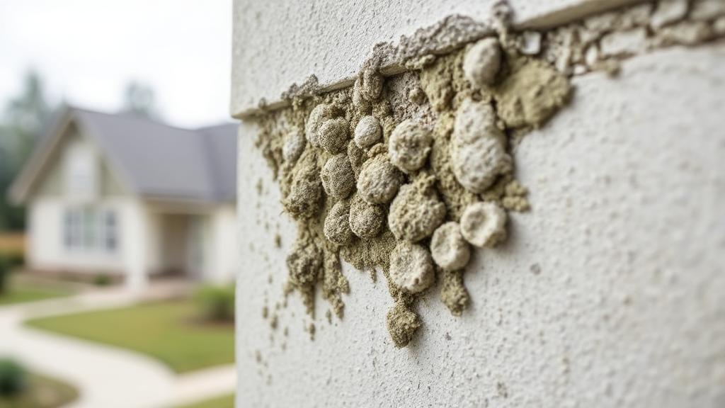 A close-up image of mold growing on a wall, with a house in the background, symbolizing the intersection of home insurance and mold damage.