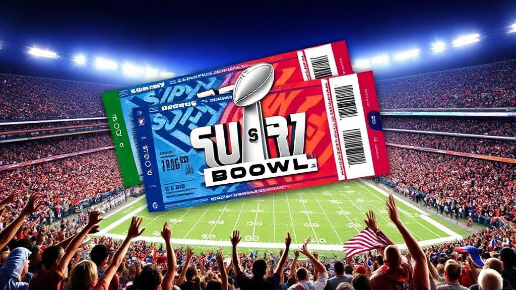 A vibrant collage of Super Bowl tickets, fans cheering, and a stadium backdrop, capturing the excitement and anticipation of the big game.