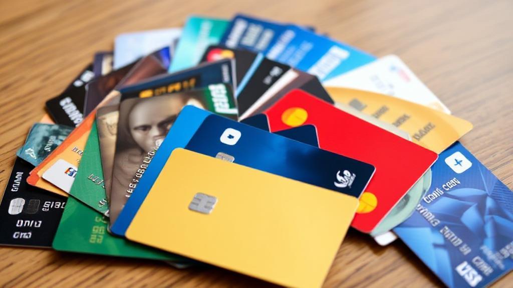 A diverse array of credit cards fanned out on a table, symbolizing the balance needed for a strong credit score.