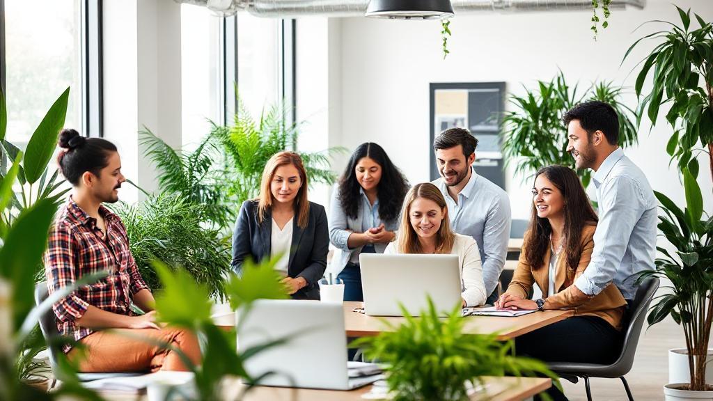 A diverse group of professionals collaborating calmly in a modern office, surrounded by greenery and natural light, conveying a balanced and stress-free work environment.
