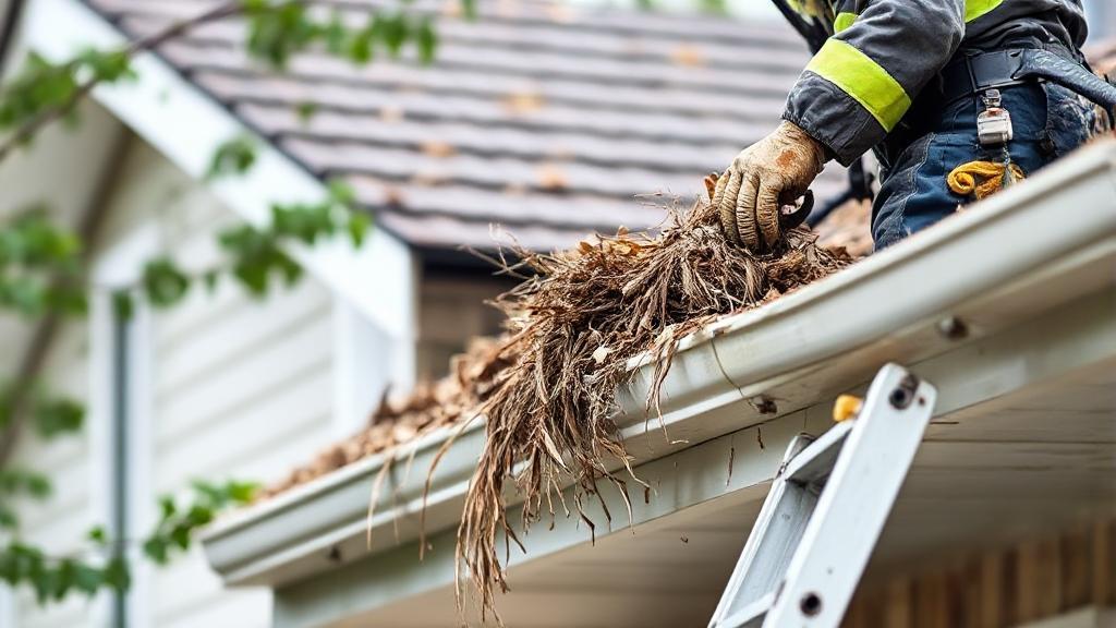 A close-up image of a professional cleaner on a ladder removing debris from a residential gutter.