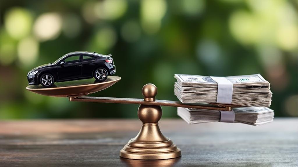 A balanced scale with a car on one side and a stack of dollar bills on the other, symbolizing the cost considerations of car insurance.