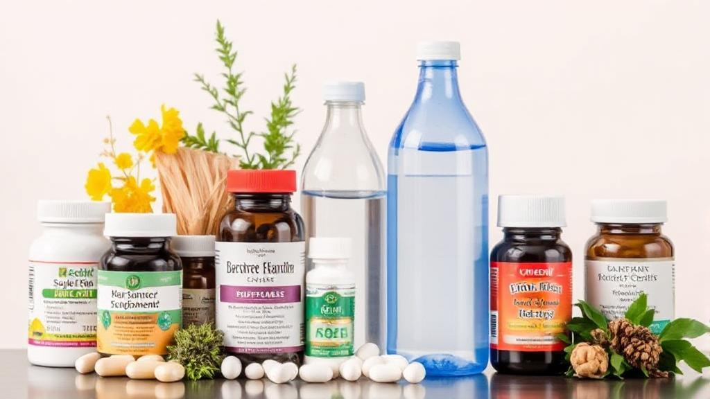 A selection of natural supplements and herbal remedies displayed alongside a bottle of water, symbolizing over-the-counter alternatives to Viagra.