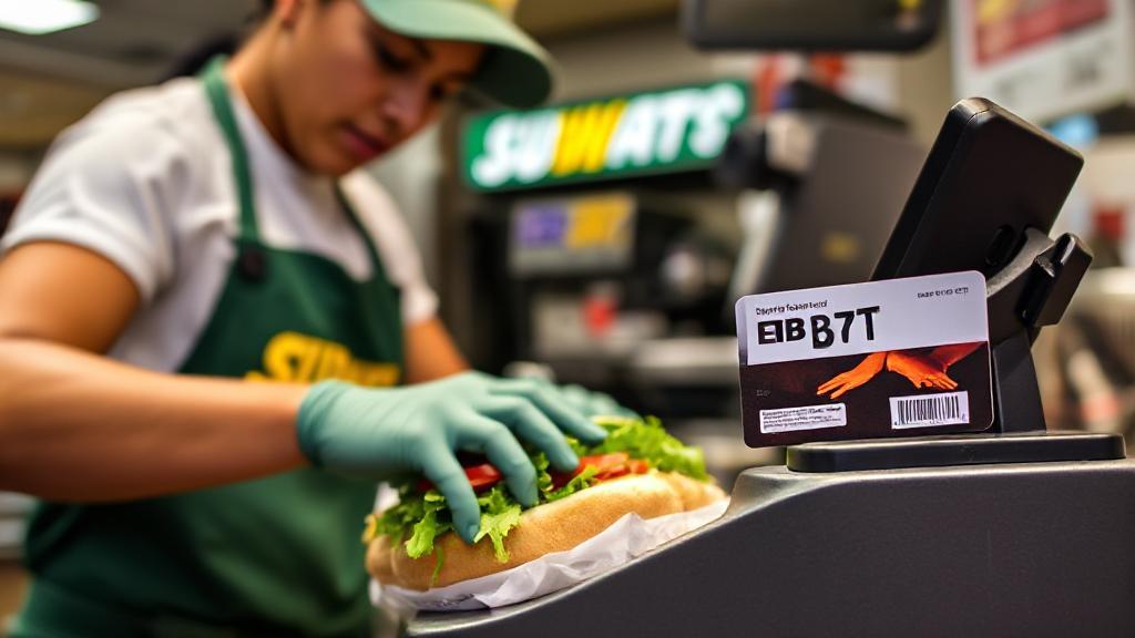 A close-up image of a Subway sandwich artist preparing a fresh sub, with an EBT card prominently displayed next to the cash register.