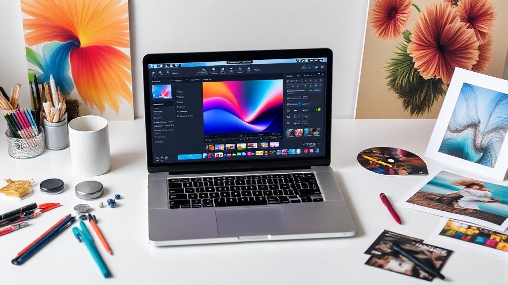 A sleek MacBook displaying a vibrant photo editing software interface, surrounded by artistic tools and colorful images.