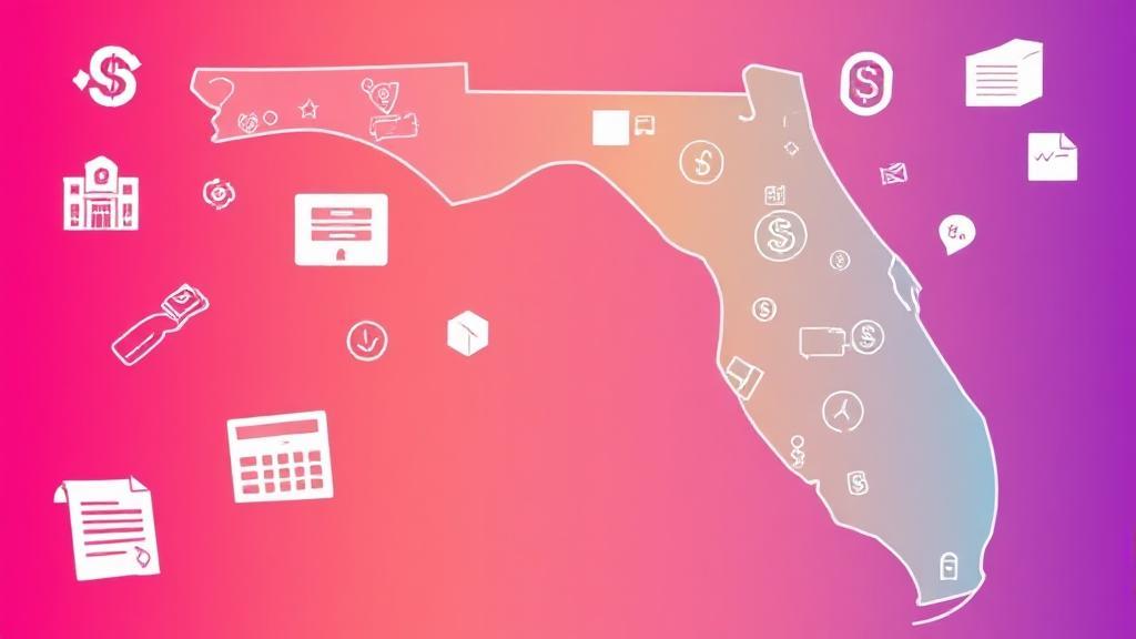 A vibrant illustration of Florida's state map overlaid with tax-related icons like dollar signs and calculators.