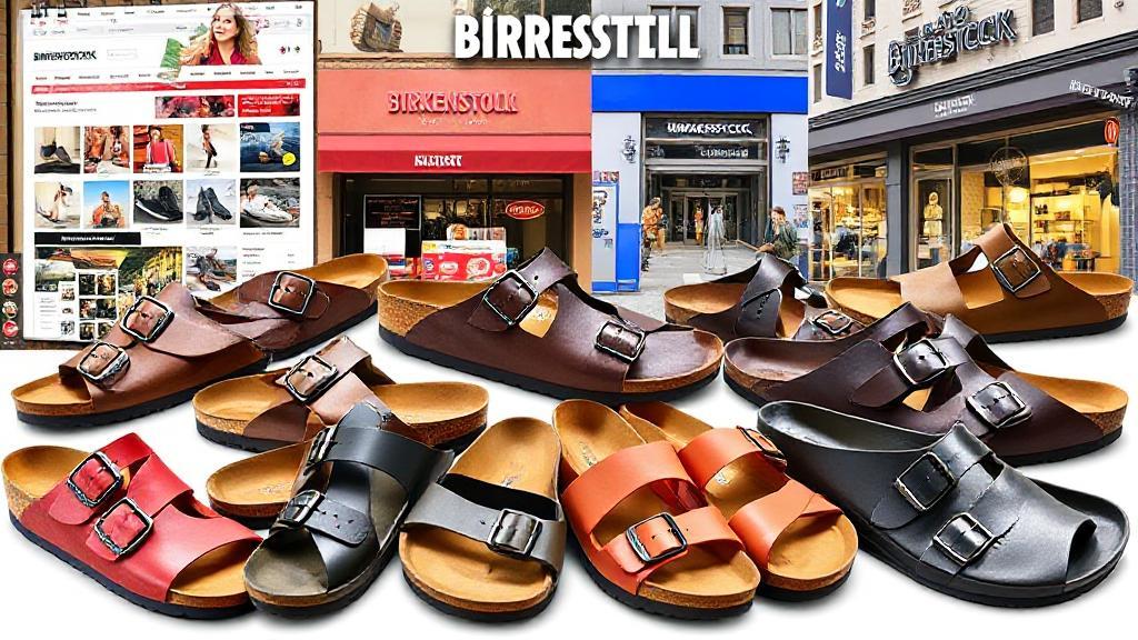 A vibrant collage of popular Birkenstock styles displayed against a backdrop of bustling online shopping platforms and iconic storefronts.