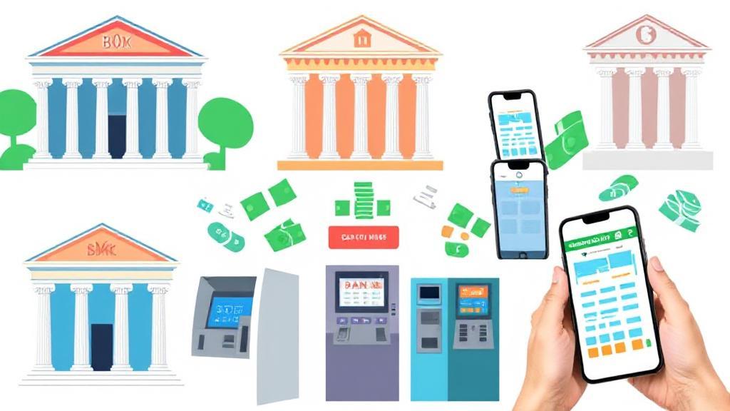 A vibrant collage of bank buildings, ATMs, and digital banking apps, symbolizing diverse cash deposit options.
