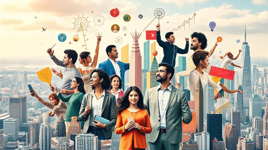 A dynamic collage of diverse entrepreneurs in action, surrounded by symbols of innovation and growth, set against a backdrop of a bustling city skyline.