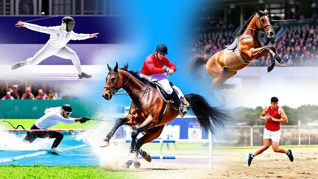 A dynamic collage showcasing the five diverse events of a modern pentathlon: fencing, swimming, equestrian show jumping, pistol shooting, and cross-country running.