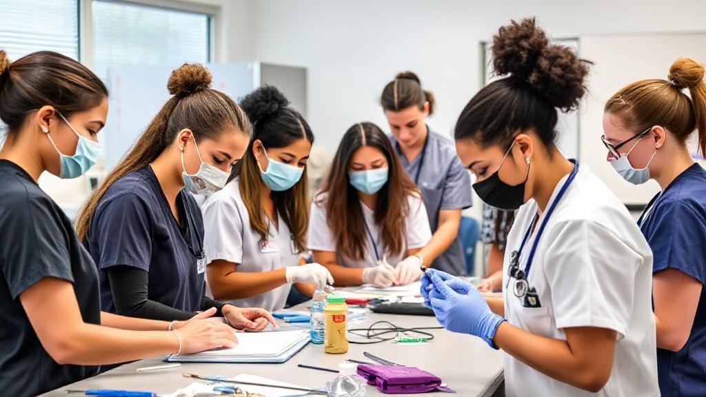 A diverse group of medical assistant students engaged in hands-on training in a modern healthcare classroom.