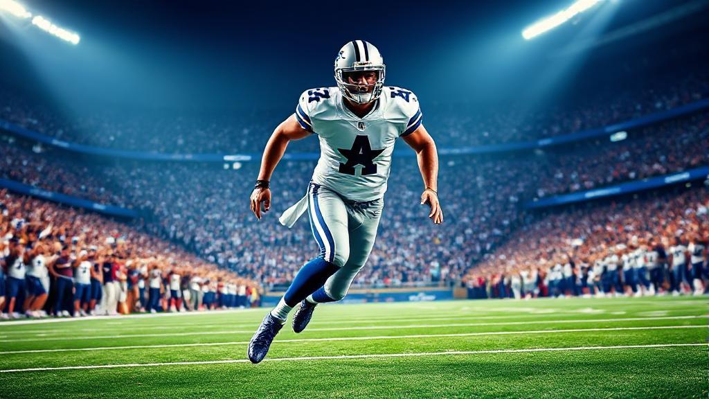 A dynamic image of a Dallas Cowboys player in action on the field, set against a vibrant stadium backdrop filled with cheering fans.