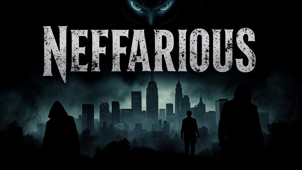 A dark and suspenseful movie poster for "Nefarious" featuring shadowy figures and an ominous cityscape in the background.
