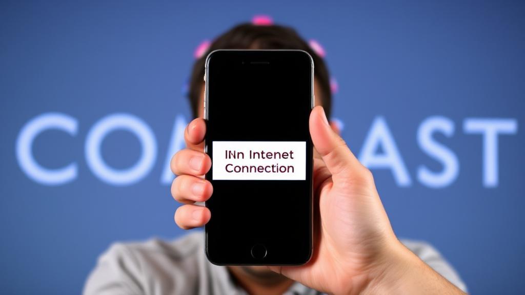 A frustrated person holding a smartphone displaying a "No Internet Connection" message, with a Comcast logo in the background.