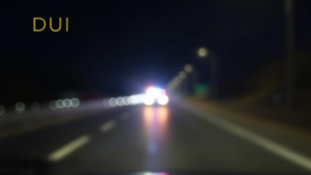 A blurred image of a highway at night with a police car's flashing lights in the background, symbolizing the urgency and seriousness of DUI issues.
