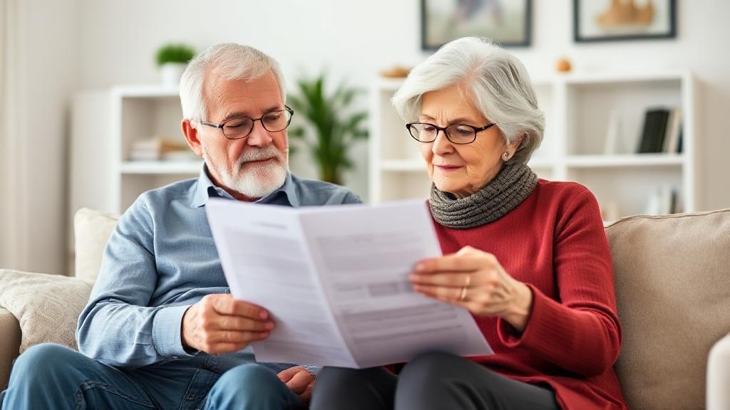A serene elderly couple reviewing financial documents at home, symbolizing informed decision-making about reverse mortgages.