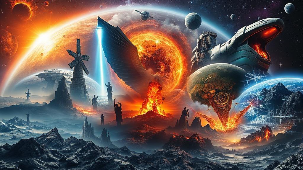 A dramatic collage of ancient prophecies, futuristic technology, and natural disasters set against a cosmic backdrop.