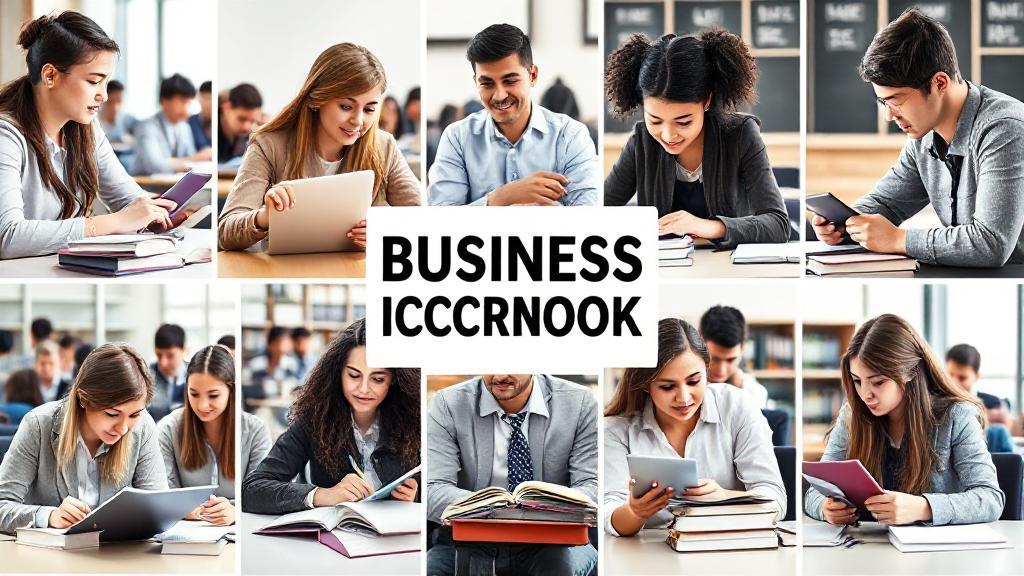 A dynamic collage of business students engaged in various classroom activities, surrounded by textbooks and digital devices, symbolizing the diverse and essential coursework for a business major degree.