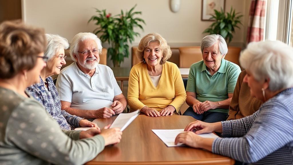 A diverse group of seniors happily reviewing Medicare Advantage plan options at a community center.