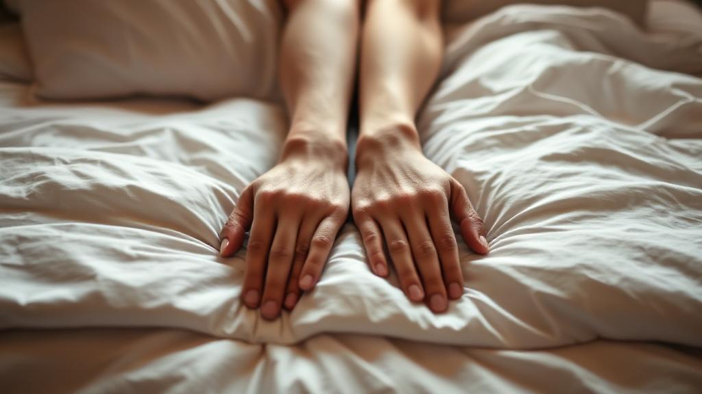 A serene, softly lit bedroom scene with intertwined hands resting gently on a plush duvet, symbolizing emotional and physical connection.