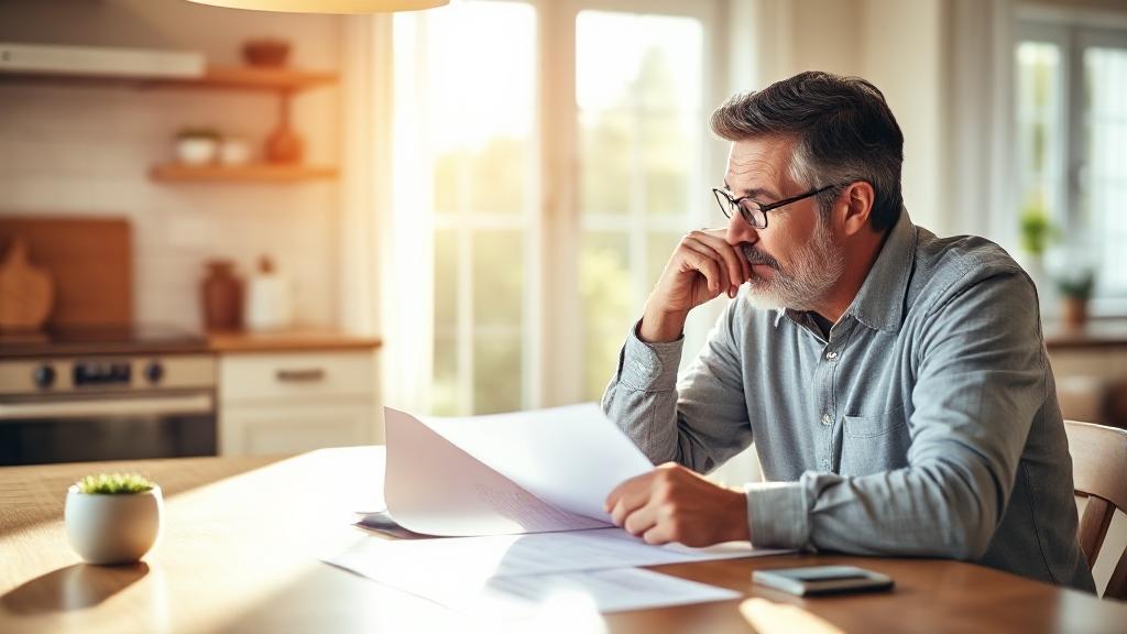 A thoughtful homeowner contemplates refinancing options while reviewing mortgage documents at a sunlit kitchen table.